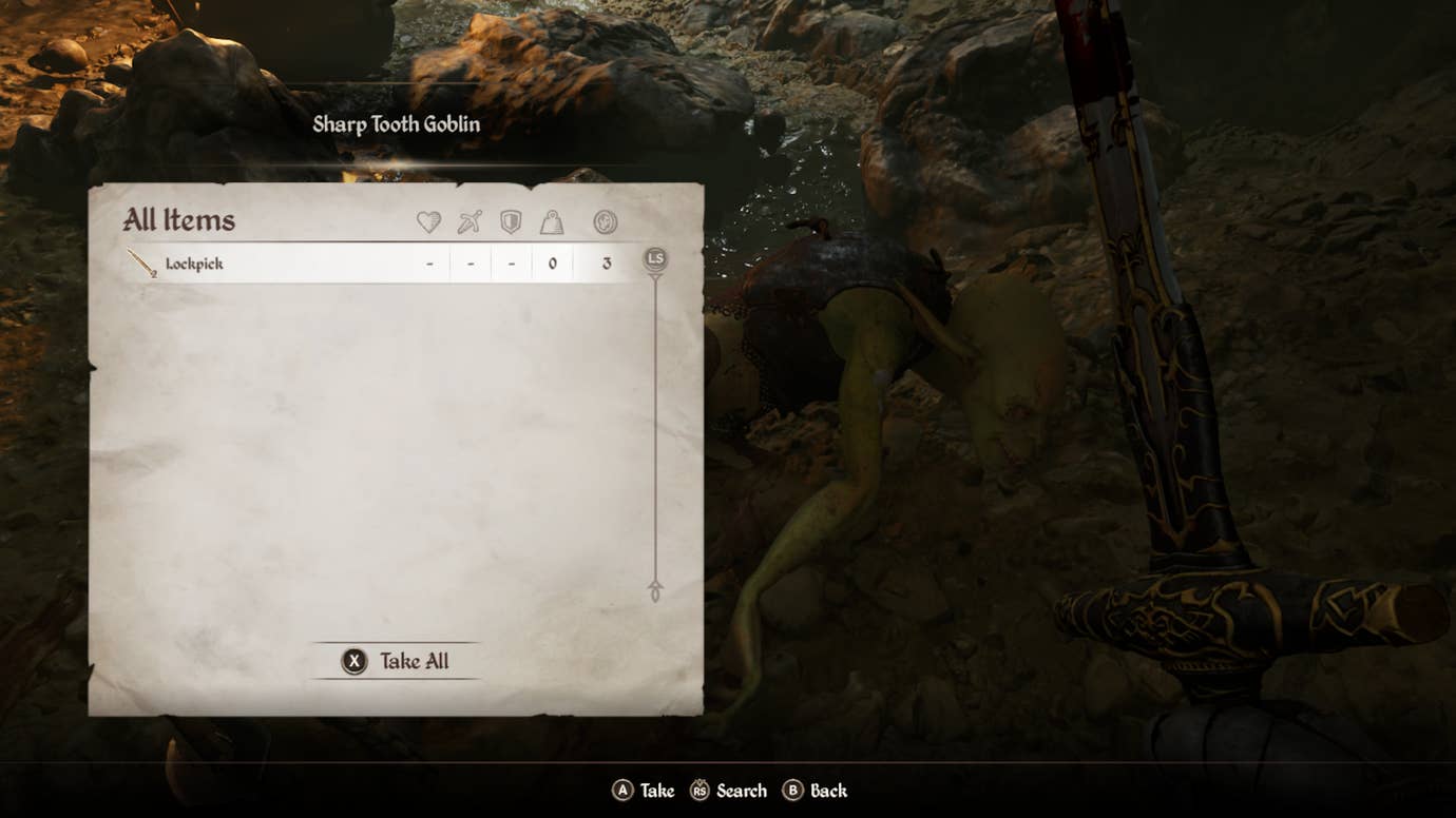 A lockpick in the inventory of a goblin in Oblivion Remastered.
